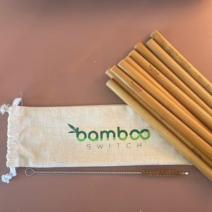 Set of 10 reusable bamboo straws and cleaner.